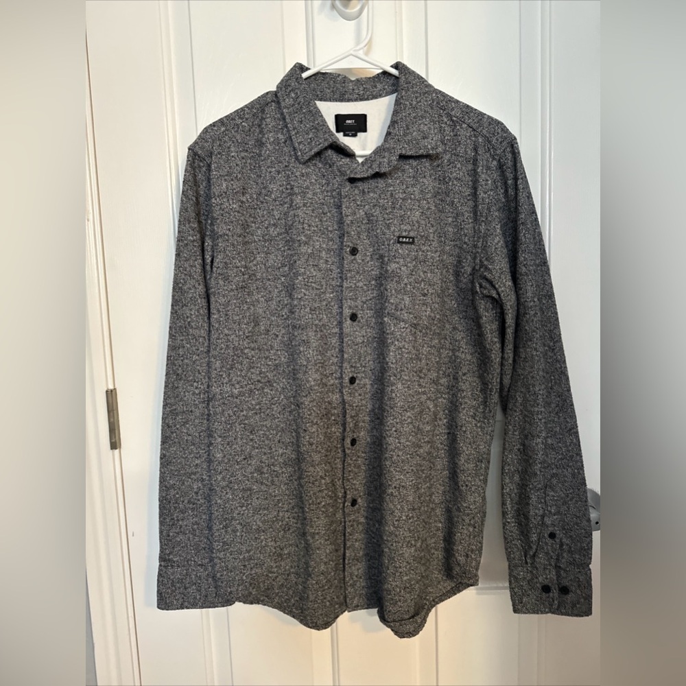 Obey men’s gray, long sleeve, button-down shirt, size medium